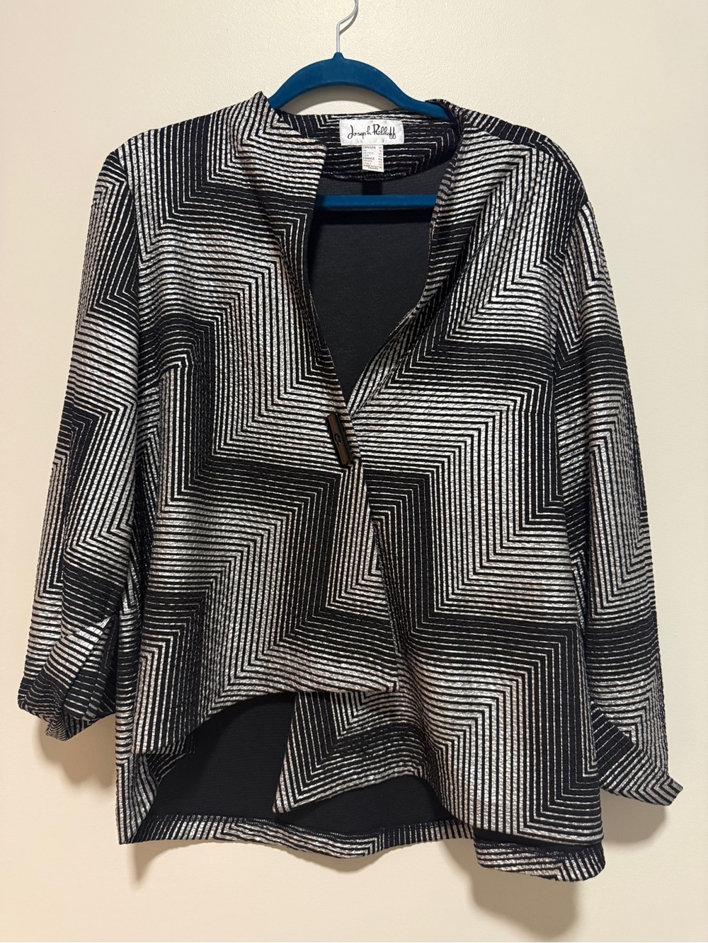Joseph Ribkoff Metallic Geometric Jacket Size 14 Black Silver Open Front Blazer